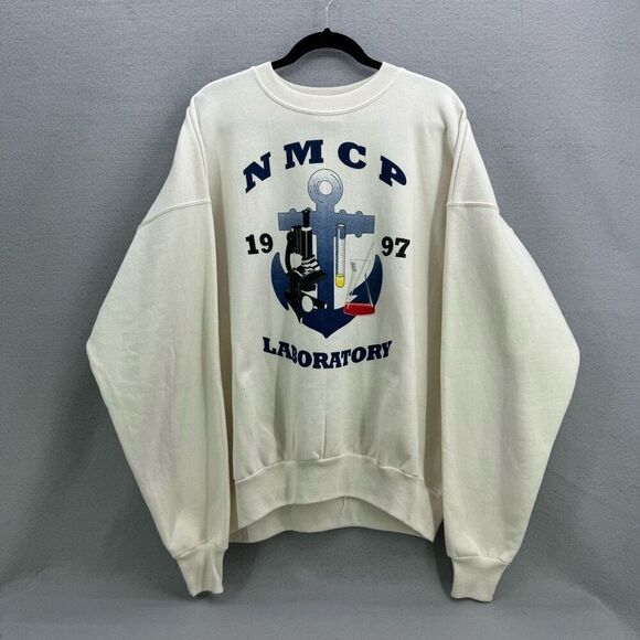 Vintage Hanes Mens Cream NMCP 1997 Laboratory Graphic Logo Sweatshirt Size 2XL - Picture 1 of 9